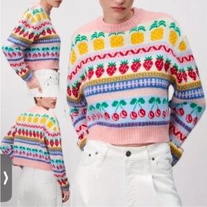 Zara Jacquard Fruit Strawberry Cherry Pineapple Sweater Medium Knit Blogger Fave